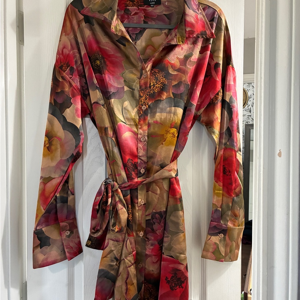 Vici Floral Satin Shirt Dress in Red, Pink & Green